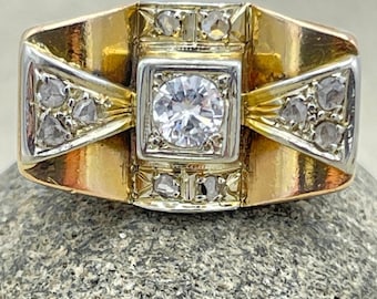 1940's, 18ct Gold & Platinum, Diamond Cocktail Tank Ring, Retro Period Ring