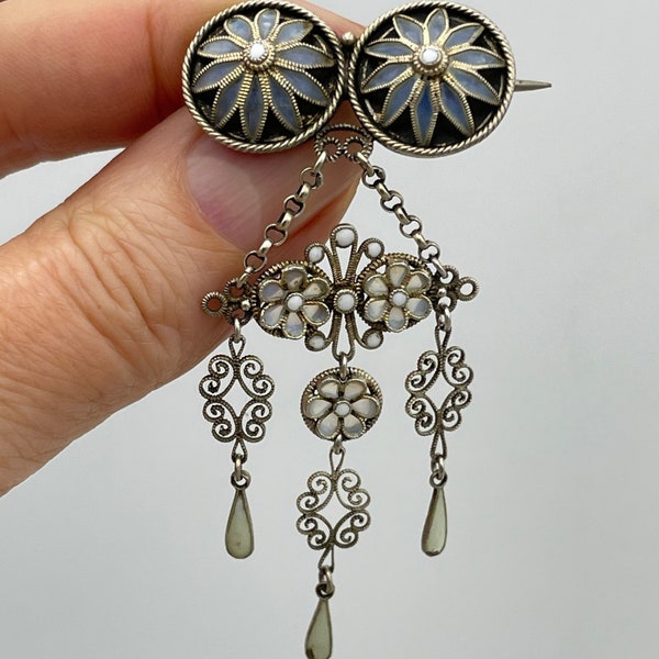 Antique Norwegian Enamel & Filigree 830s Silver Brooch, Attributed to Marius Hammer, Art Nouveau