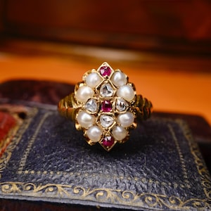 Antique 15ct Gold, Ruby, Rose cut Diamond & Pearl Cluster Ring