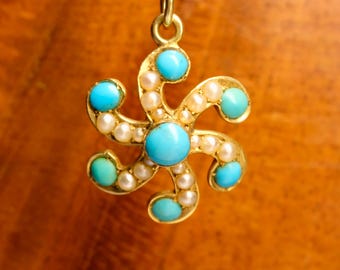 Victorian 15ct Gold, Turquoise & Pearl Starburst Pendant
