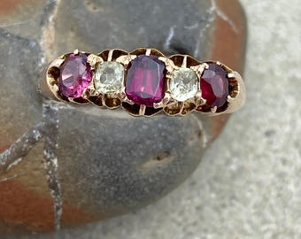 Antique 15ct Gold, Pink Tourmaline & Chrysoberyl, Five Stone Ring