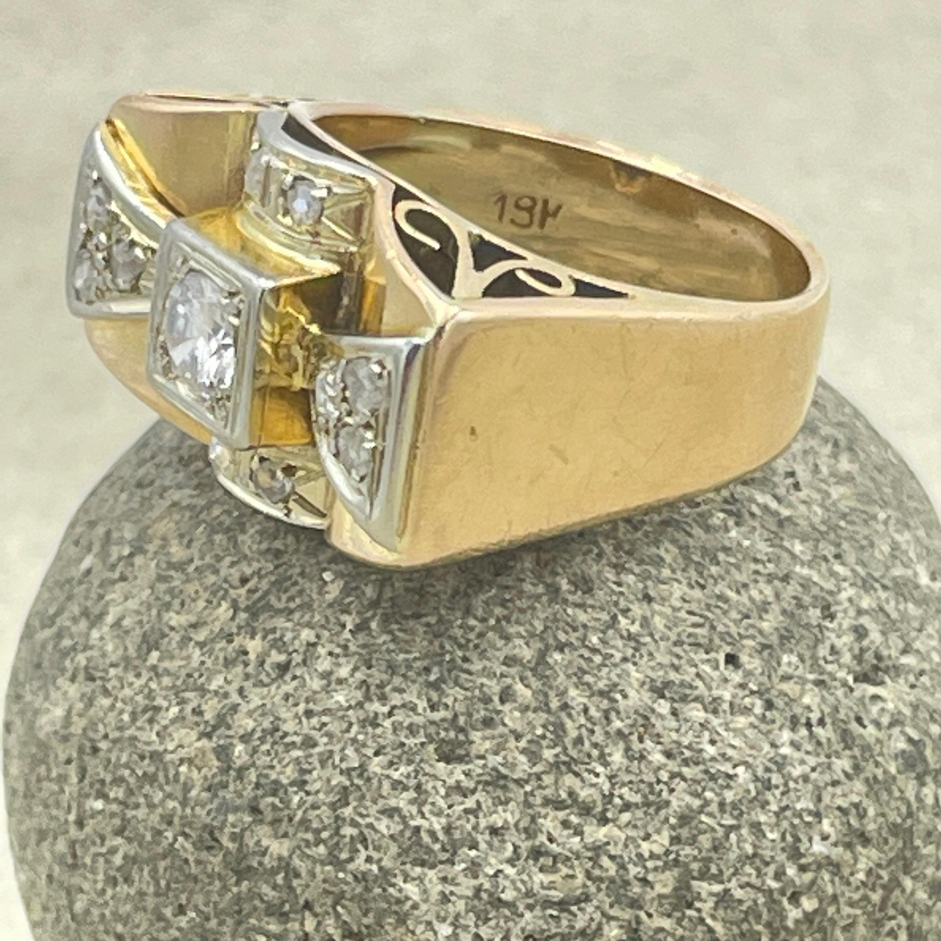 1940's, 18ct Gold & Platinum, Diamond Cocktail Tank Ring