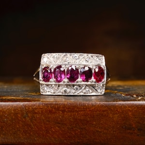 Original Art Deco, 14ct White Gold Natural Ruby & Diamond Panel Ring