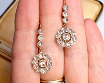 Victorian, 18ct Gold & Silver Rose Cut Diamond, Daisy Cluster Drop Earrings