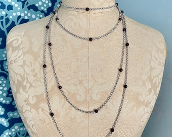 Vintage, Long Sterling Silver & Garnet Bead Belcher Chain Necklace, 1980s