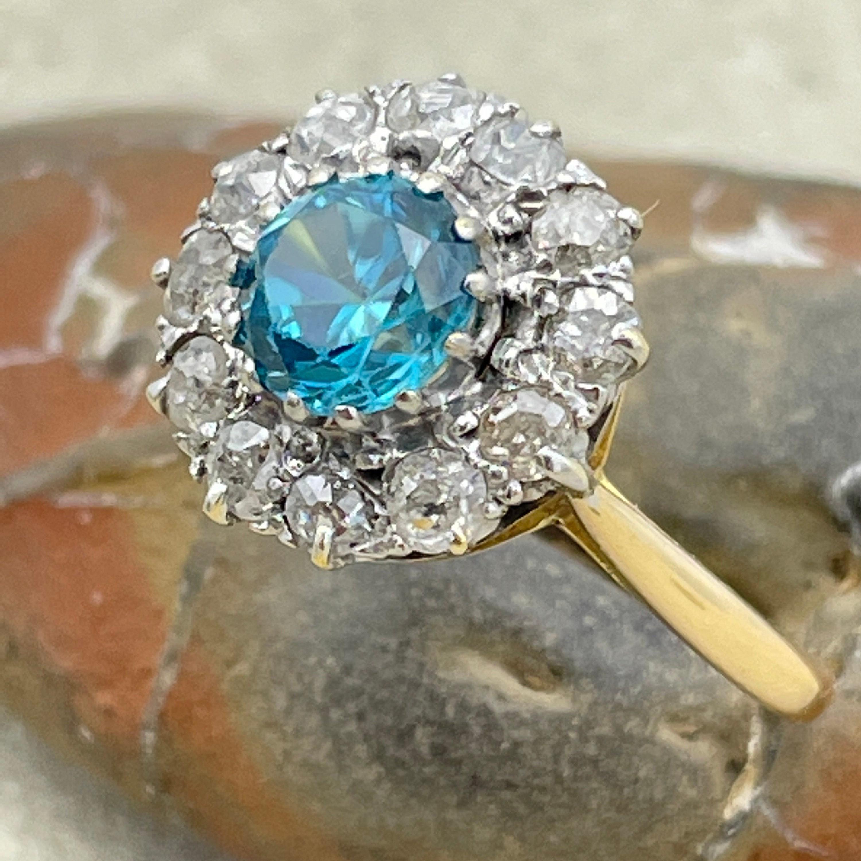 Antique 18ct Gold & Platinum, Blue Zircon, Old Cut Diamond Cluster