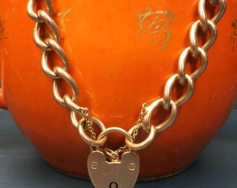 Antique, 9ct Rose Gold, Curb Link Chain Bracelet With Heart Padlock Clasp