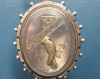 Victorian, Aesthetic Movement Large Sterling Silver Locket, With Bird Motif
