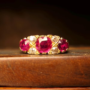 Edwardian 18ct Gold, Synthetic Ruby & Old Cut Diamond, Half Hoop Ring, Hallmarked in 1909