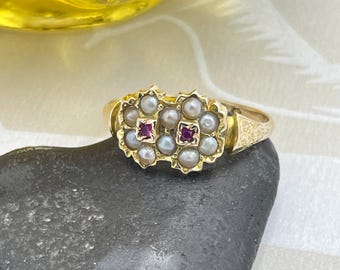 Antique 15ct gold, pearl and ruby, double daisy, cluster ring