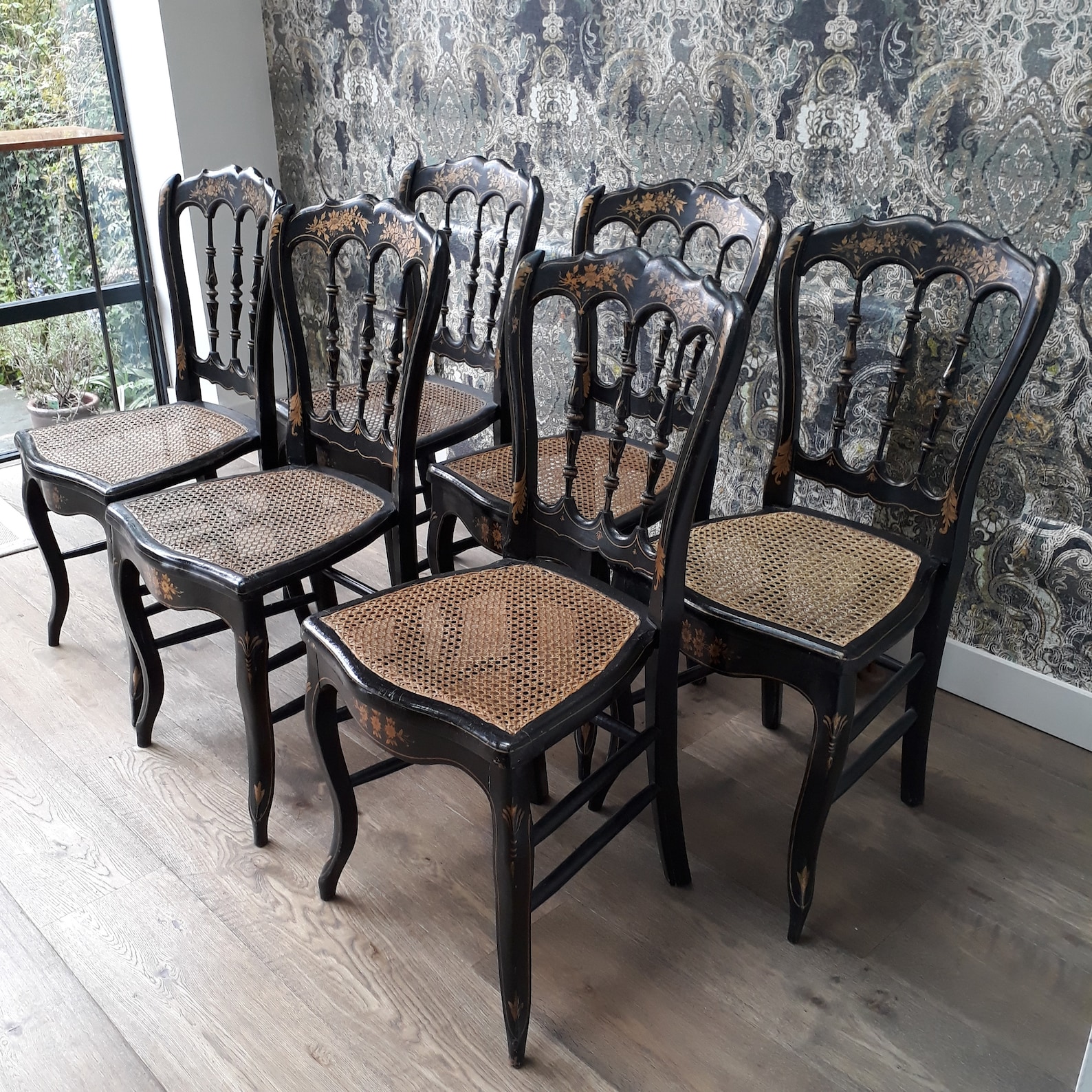 Set of 6 Antique Black Ebonised Cane Seated Dining Chairs Etsy