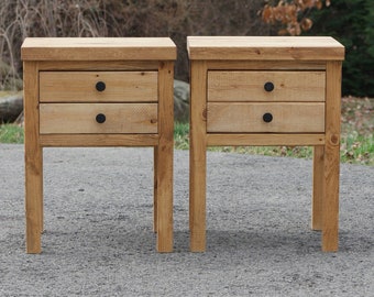 2 Drawers Rustic Bedside Table  <Single> <Set of 2> Solid Wood Nightstands