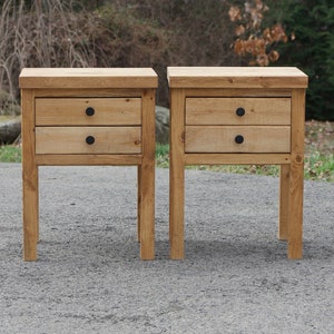 2 Drawers Rustic Bedside Table  <Single> <Set of 2> Solid Wood Nightstands