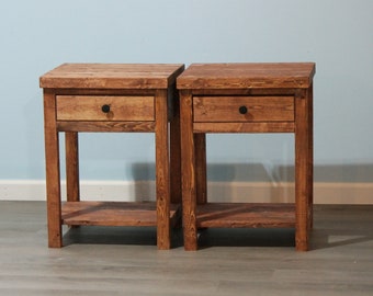 Set of 2 Rustic Nightstands With Drawer & Shelf / Farmhouse-Style Bedside Tables Set / Country Style Nightstands