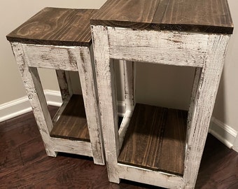 SET! White Reclaimed Wood Style Rustic Farmhouse Sofa End Tables/ Vintage Mini Coffee Tables