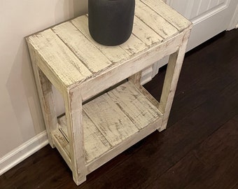 Antique White Reclaimed Wood Rustic Farmhouse-Style Sofa End Table / Vintage-Style Mini Coffee Table