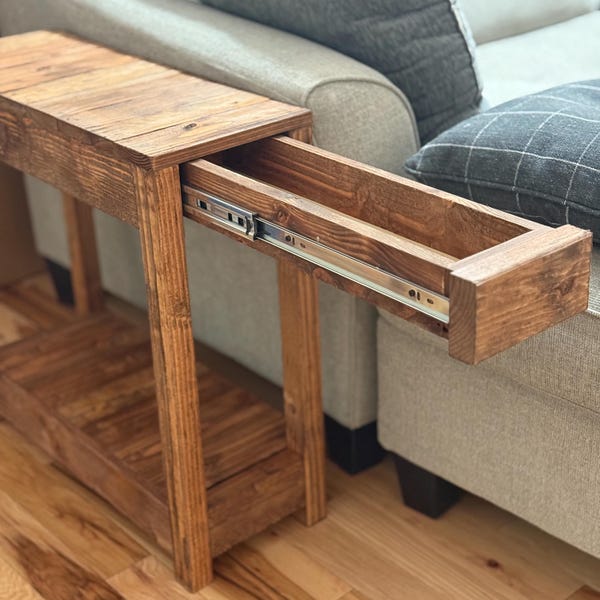 Rustic Solid Wood End Table with Secret Drawer - Farmhouse Cottage Style
