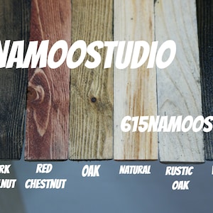 May include: Eight wood samples stained in different colors, including espresso, dark walnut, red chestnut, oak, natural, rustic oak, vintage black, and black. The samples are labeled with their corresponding stain colors. The text "615NAMOOSTUDIO" appears twice in the image.