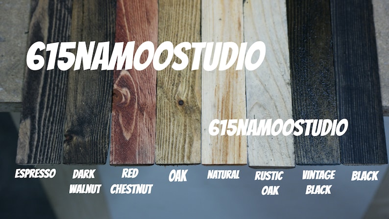 May include: Eight wood samples stained in different colors, including espresso, dark walnut, red chestnut, oak, natural, rustic oak, vintage black, and black. The samples are labeled with their corresponding stain colors. The text "615NAMOOSTUDIO" appears twice in the image.