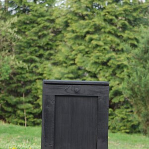 May include: A black wooden storage cabinet with a single door and two black metal hinges. The cabinet is standing on a paved surface in front of a green grassy area.