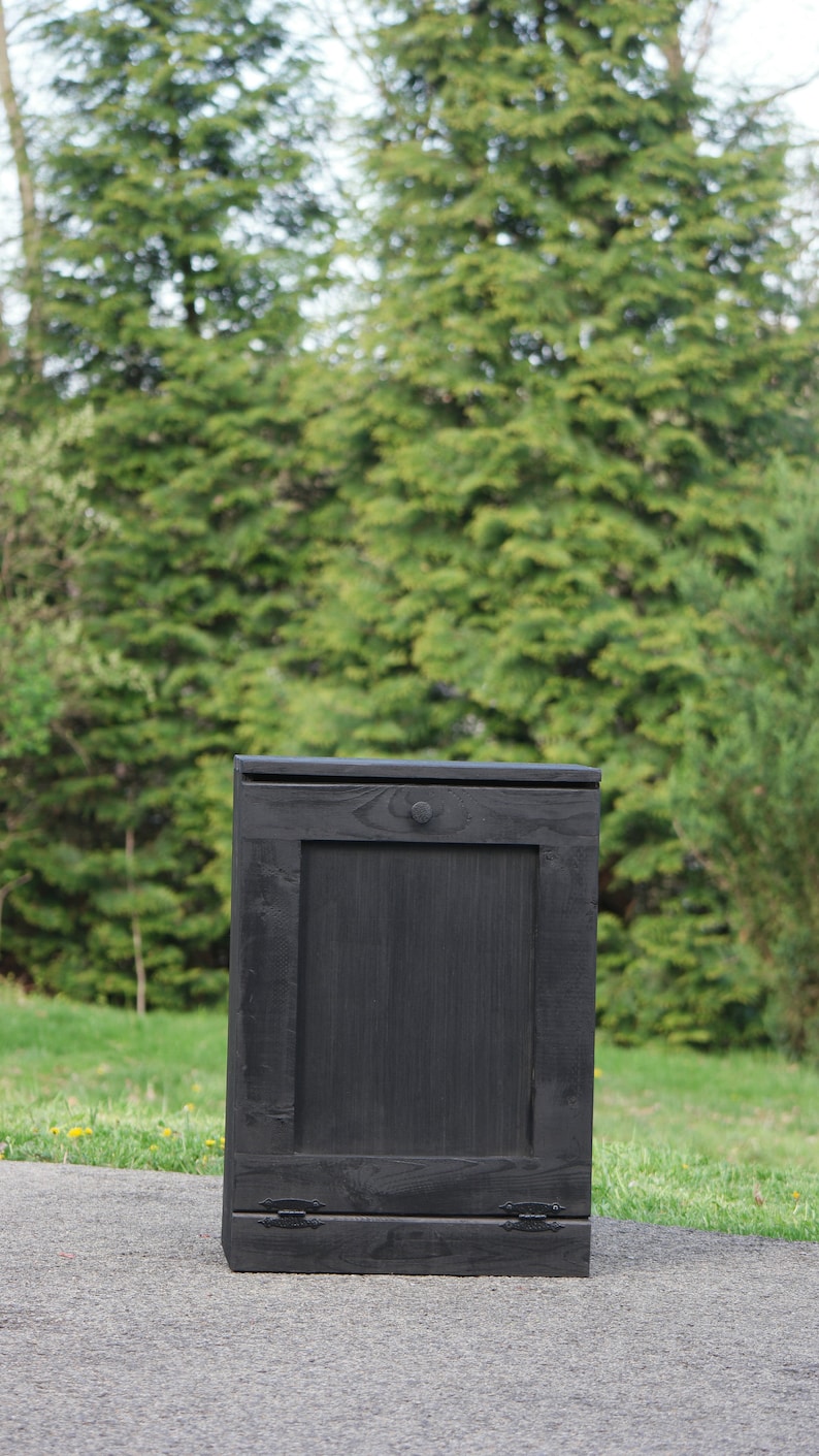May include: A black wooden storage cabinet with a single door and two black metal hinges. The cabinet is standing on a paved surface in front of a green grassy area.