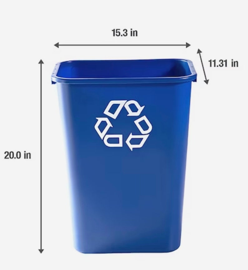 May include: A blue recycling bin with a white recycling symbol. The bin is 15.3 inches wide, 11.31 inches deep, and 20 inches tall.