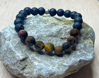 Essential Oil Included! Lava Bead & Tiger's Eye Stretchy Bracelet, Diffuser Bracelet, Essential Oil Aromatherapy, Chakra Jewelry