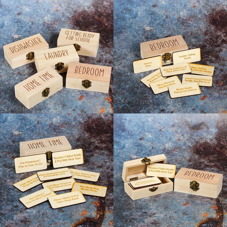 Wooden storage box with household tasks engraved in tokens.