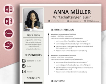 Bewerbungsvorlagen rosé, Lebenslauf Vorlage für Word, PowerPoint, Canva, OpenOffice, Moderner Lebenslauf, Anschreiben, Anlagen, Deckblatt