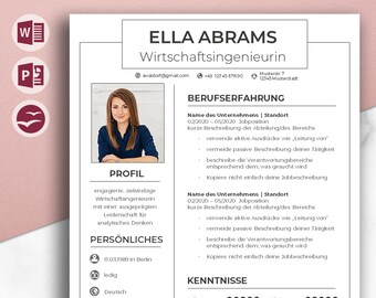 CV template minimalist German and English: cover page, cover letter, tabular CV attachments for Word, PowerPoint & OpenOffice