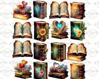 May include: A collection of 15 digital images featuring vintage-style books with various floral and heart embellishments. The books are in shades of brown, blue, and green with gold accents. Some books are open, revealing pages with text.