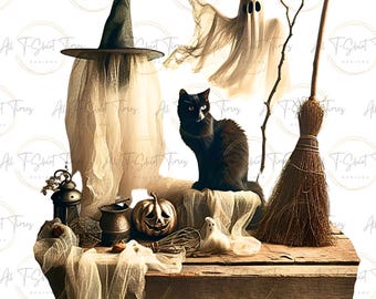 Retro Halloween PNG Bundle: Ghost, Witch, Pumpkin (Digital Download, 3 Files)