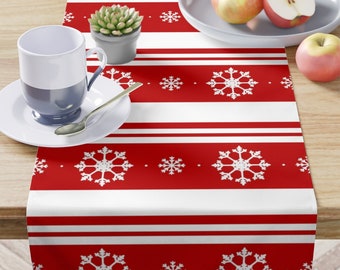 Personalized Christmas Table Runner: Red Snowflake Holiday Decor (90” x 16”)