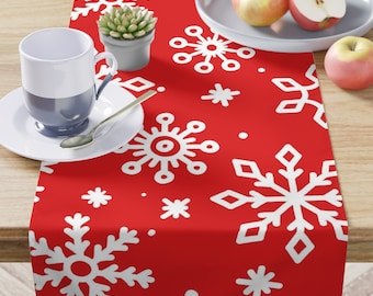 Snowflake Christmas Table Runner: Red Holiday Decor (90" x 16")