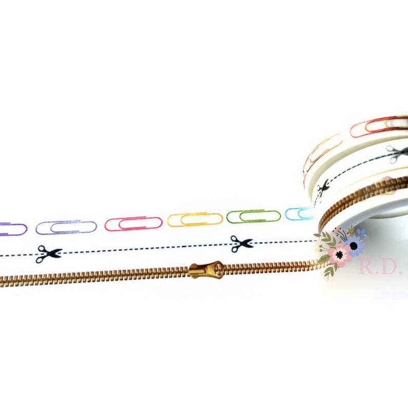 Skinny washi tape paper clips scissors and zipper decorative paper tape thin 5mm full roll Japanese masking tape 7 meters scrapbooking