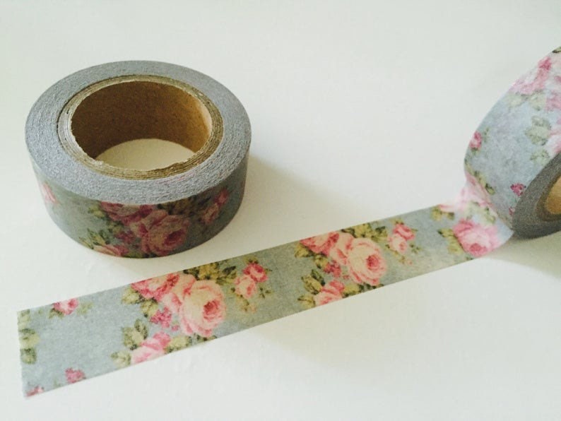 Shabby chic washi tape samples blue and pink rose decorative paper tape 15mm Japanese masking tape