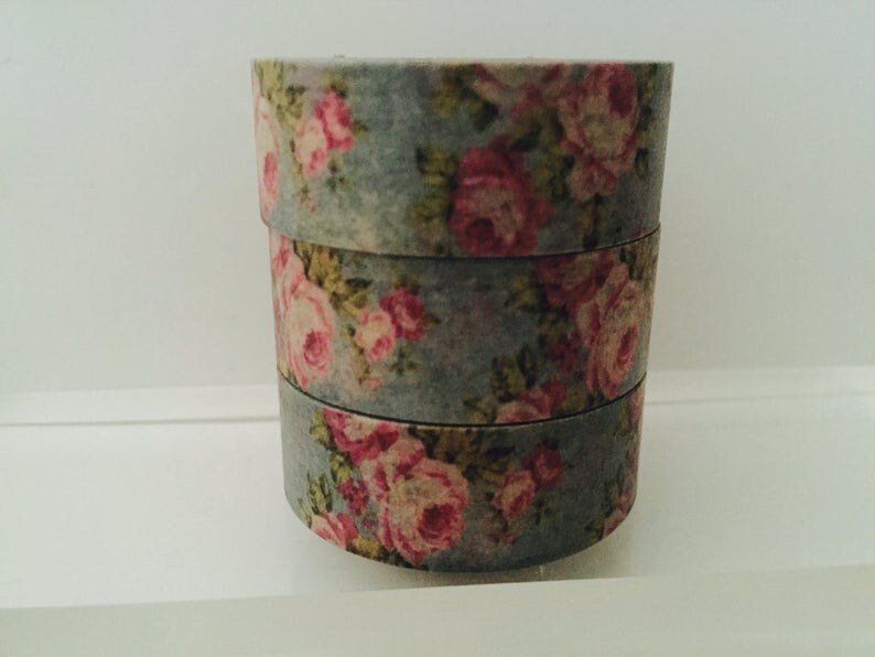 Shabby chic washi tape samples blue and pink rose decorative paper tape 15mm Japanese masking tape