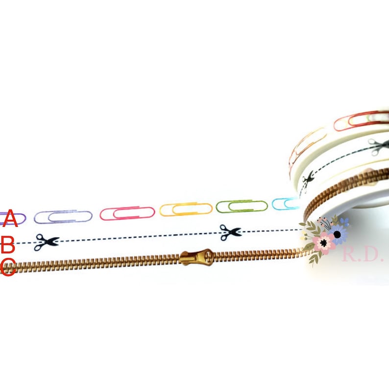 Skinny washi tape paper clips scissors and zipper decorative paper tape thin 5mm full roll Japanese masking tape 7 meters scrapbooking