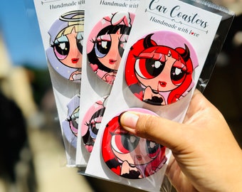 power buff girls ceramic car coasters “2.5” | Set of Two