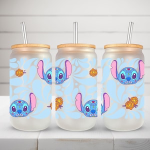 Stitch  Cup Iced Coffee Glass | Libby Glass Can with Bamboo Lid and straw | Cute Cup | Sublimated Drinkware