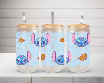 Stitch  Cup Iced Coffee Glass | Libby Glass Can with Bamboo Lid and straw | Cute Cup | Sublimated Drinkware