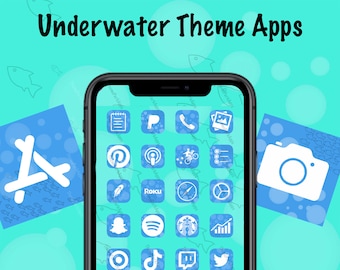 Op de afbeelding: Een blauw en wit telefoonscherm met een verscheidenheid aan app-pictogrammen die in een raster zijn gerangschikt. De pictogrammen zijn allemaal wit en hebben een blauwe achtergrond. De pictogrammen omvatten apps zoals Instagram, Spotify, Uber Eats en Twitter. De achtergrond van het scherm is lichtblauw met een patroon van witte vissen.