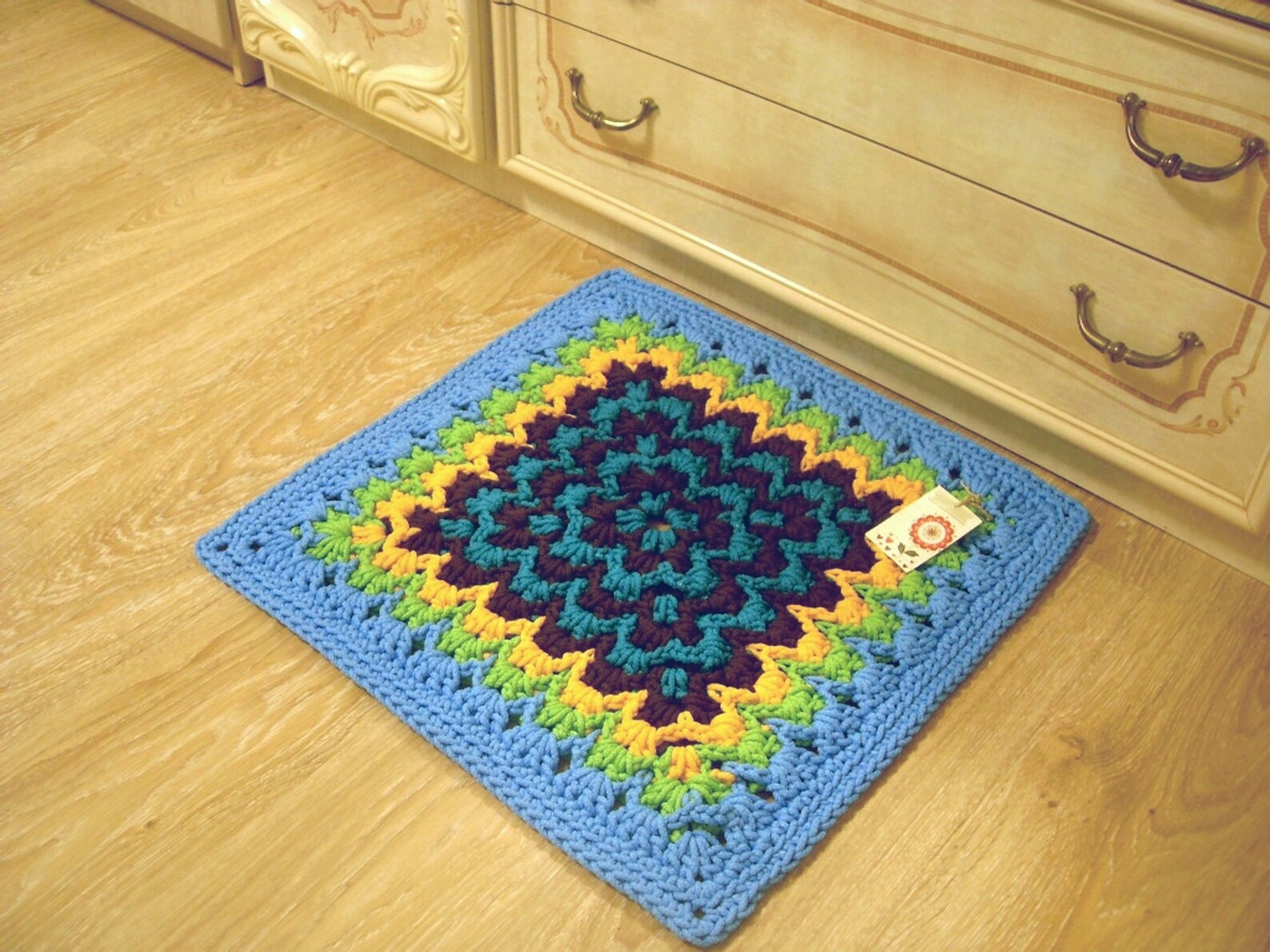 Blue square bathroom rug Square rug Blue and yellow square Etsy