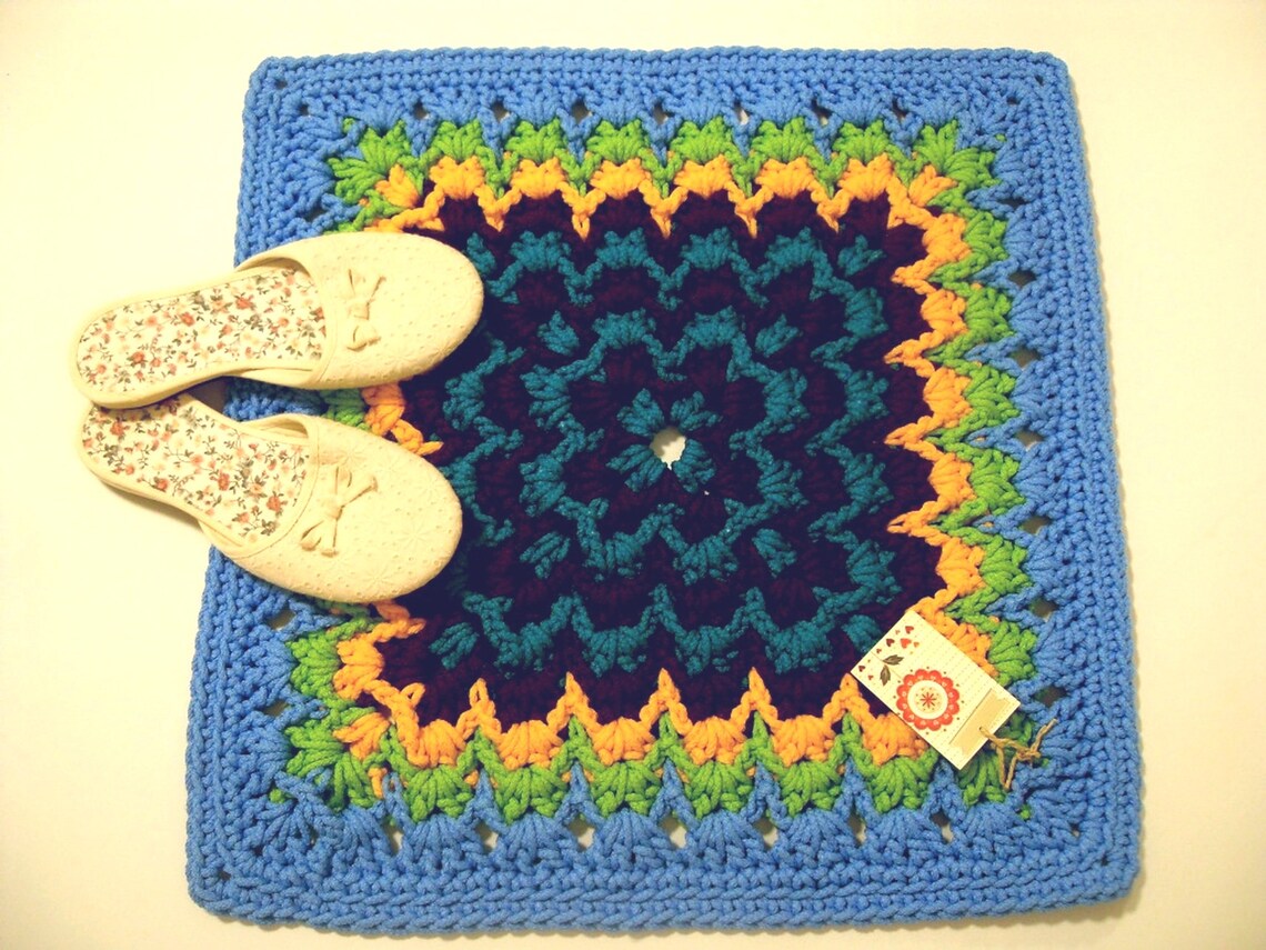 Blue square bathroom rug Square rug Blue and yellow square Etsy
