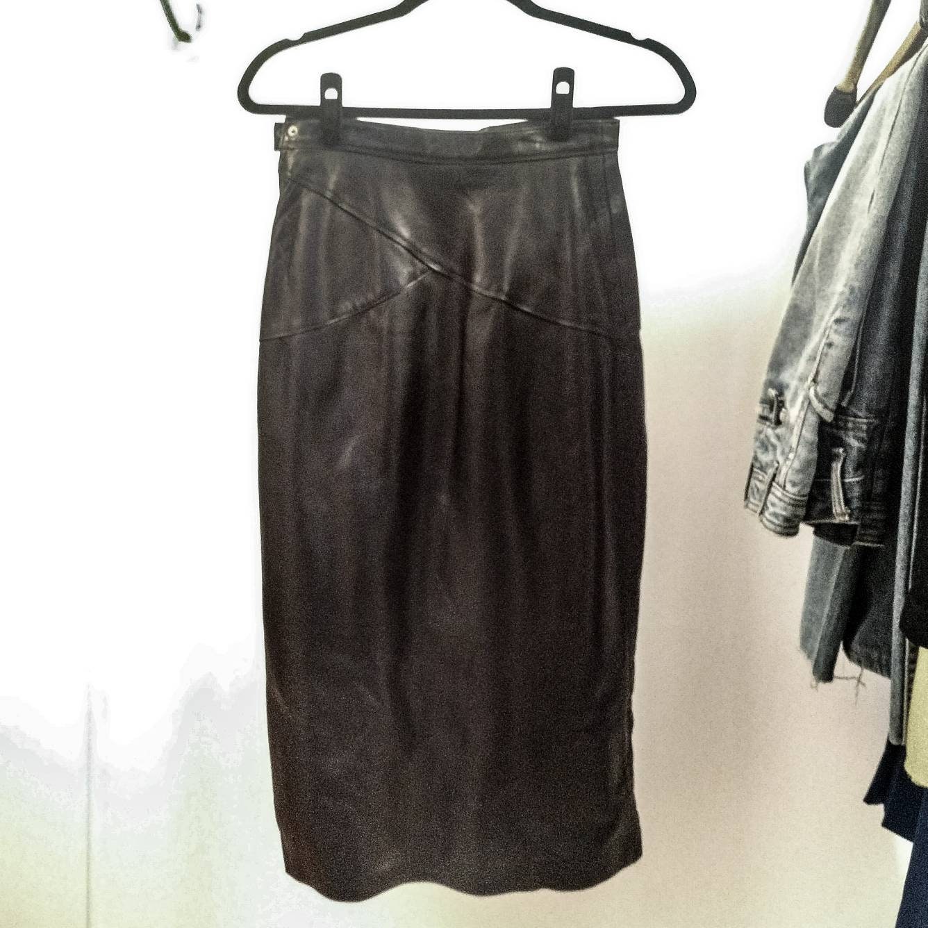 VTG 80s/90s Black Leather Midi Pencil Cigarette Skirt Ann VTG 80s/90s Black Leather Midi Pencil Cigarette Skirt Ann