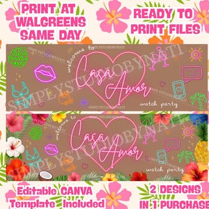 Puede incluir: Dos diseños de pancartas digitales con fondo marrón, un contorno de corazón rosa neón y el texto Casa Amor watch party. Los diseños incluyen flores de hibisco tropicales, hojas de palma, labios, bikinis y copas de cóctel en colores neón.
