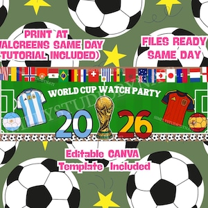 アルゼンチン対スペインのサッカー決勝戦バナー、国際サッカー観戦パーティー装飾、編集可能なサッカーゲームバナー、デジタルダウンロード