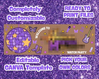 Y2K Pop Star Watch Party Banner | Purple Disco Music Theme Decor (Editable Canva)