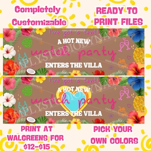 Könnte beinhalten: Anpassbares Banner-Design mit tropischen Blumen, Kokosnuss- und Ananas-Illustrationen. Der Text lautet "A Hot New Watch Party Enters The Villa". Das Design ist druckfertig und ermöglicht es Ihnen, Ihre eigenen Farben auszuwählen.
