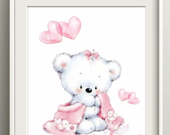 Teddy with Cuddly Blanket Download Girl Clip Art,Print, Wall Art, Nursery, Animal, Hearts, Nursery Decor, Print, Instant Download